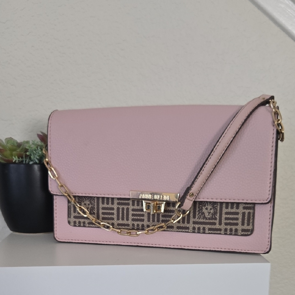 Anne Klein Pink and Brown Crossbody Bag with Gold Chain
